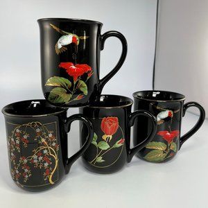 Vintage Otagiri Black & Gold Mugs Set of 4 | Hummingbird, Rose, Cherry Blossom